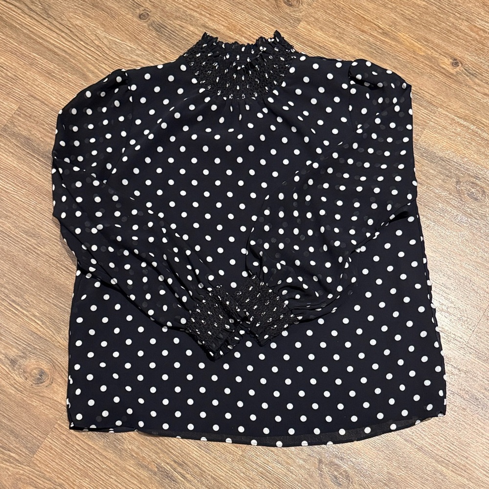 J.CREW Smocked Dot Crinkle Chiffon Top Navy Polka Dot Mock Neck Dots NWT L Women